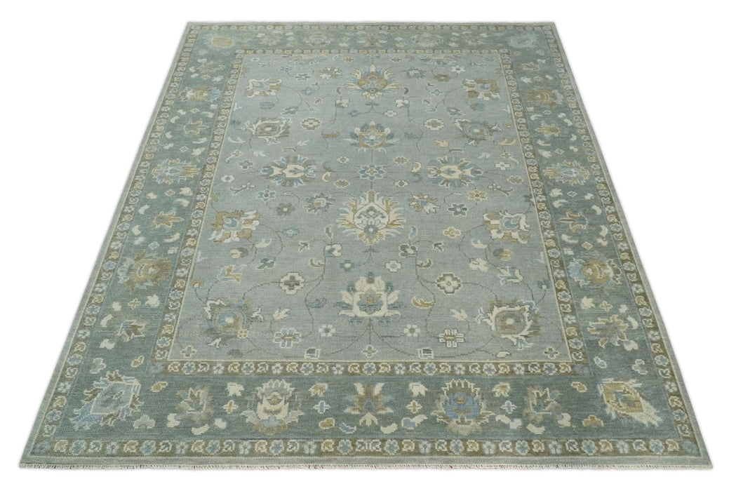 Silver and Brown Antique Traditional Floral Oushak wool area Rug
