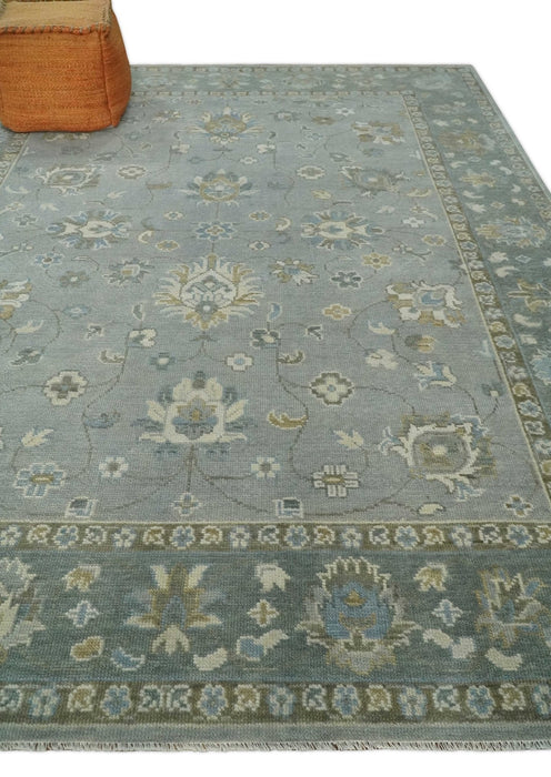 Silver and Brown Antique Traditional Floral Oushak wool area Rug