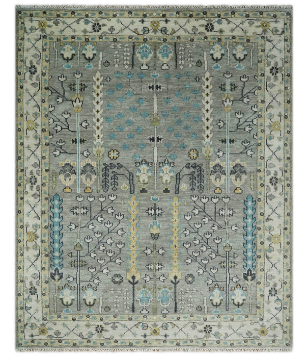 Tree of life Silver and Ivory Hand Knotted Traditional Oushak Multi Size Wool Area Rug