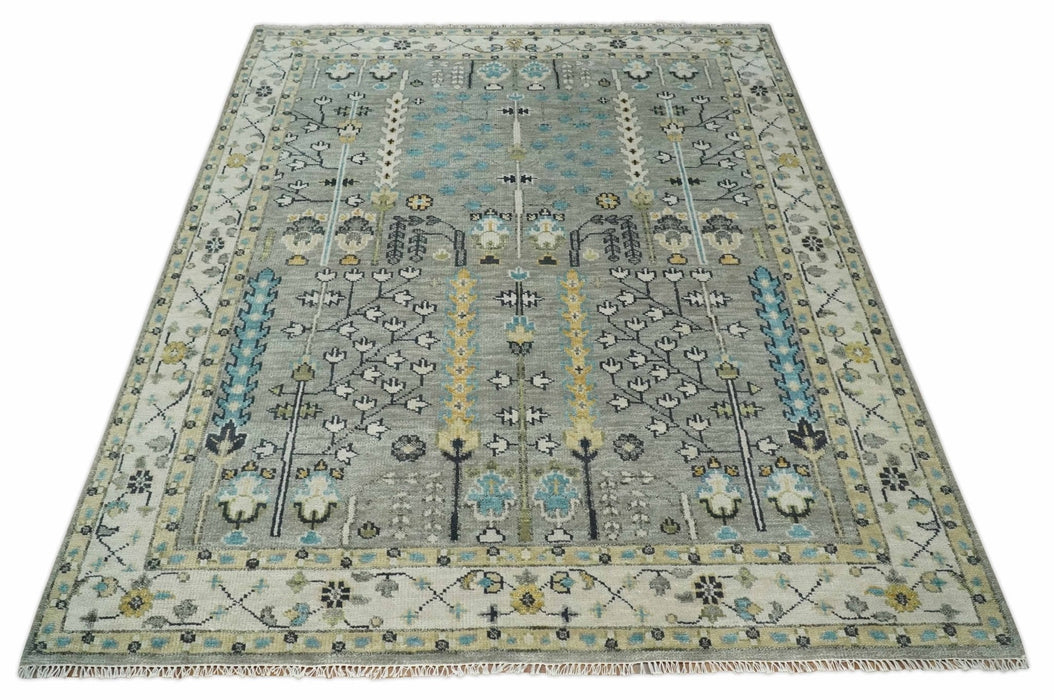 Tree of life Silver and Ivory Hand Knotted Traditional Oushak Multi Size Wool Area Rug