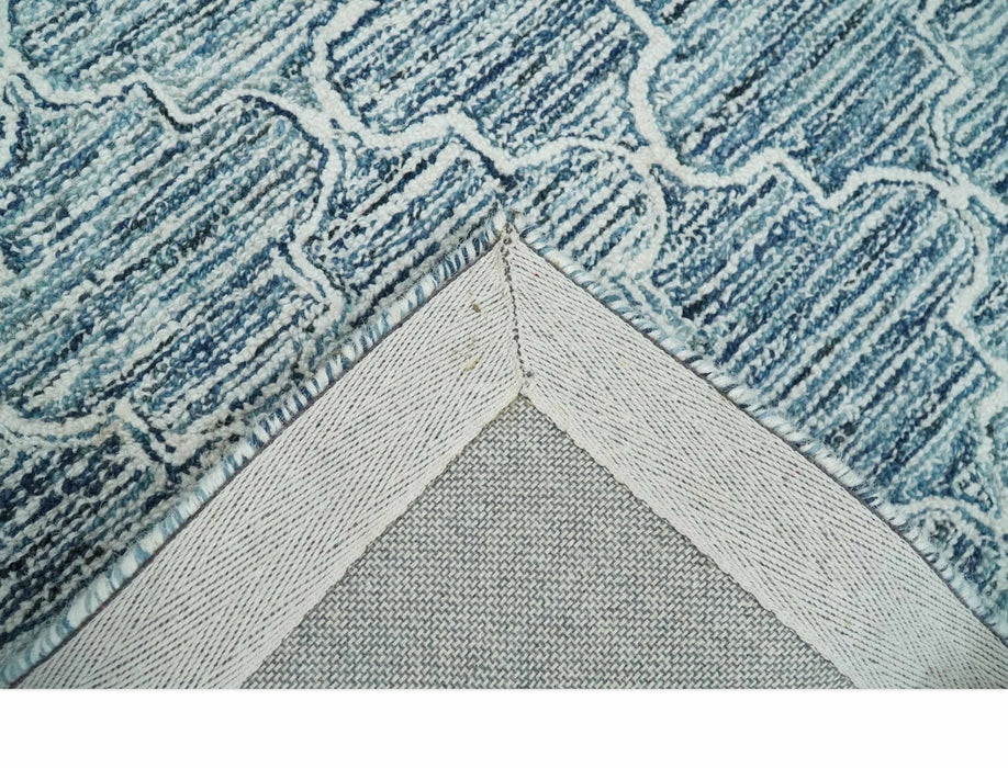 Silver, Blue and Ivory Modern Geometric Hand Tufted Multi Size Natural Wool Rug