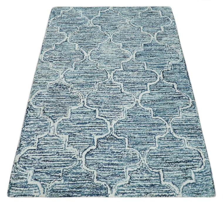 Silver, Blue and Ivory Modern Geometric Hand Tufted Multi Size Natural Wool Rug