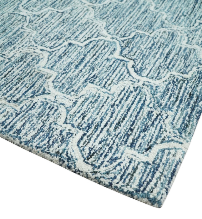 Silver, Blue and Ivory Modern Geometric Hand Tufted Multi Size Natural Wool Rug