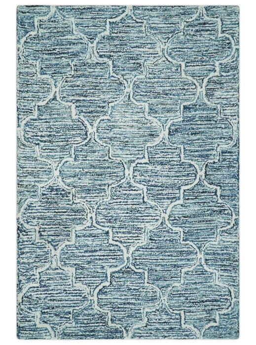 Silver, Blue and Ivory Modern Geometric Hand Tufted Multi Size Natural Wool Rug