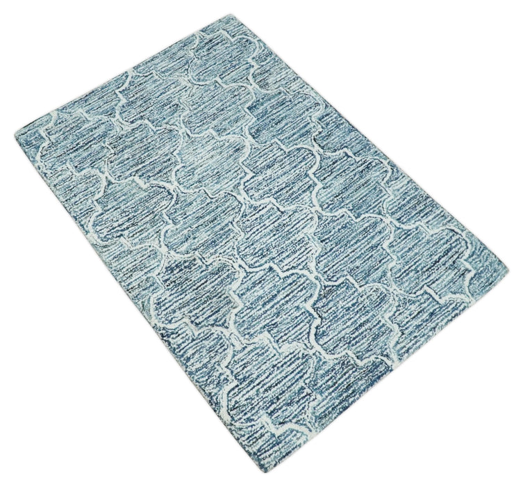 Silver, Blue and Ivory Modern Geometric Hand Tufted Multi Size Natural Wool Rug