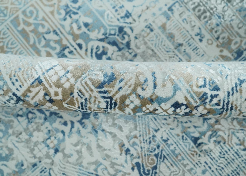 Silver, Blue and Olive Antique Finish, Vintage look, Art Silk Area Rug, Living Room Rug | TRDMM3