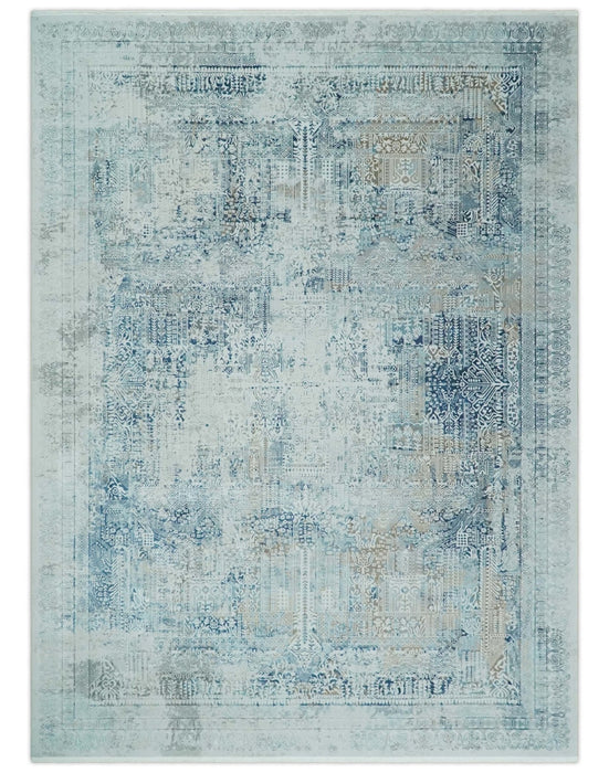 Silver, Blue and Olive Antique Finish, Vintage look, Art Silk Area Rug, Living Room Rug | TRDMM3