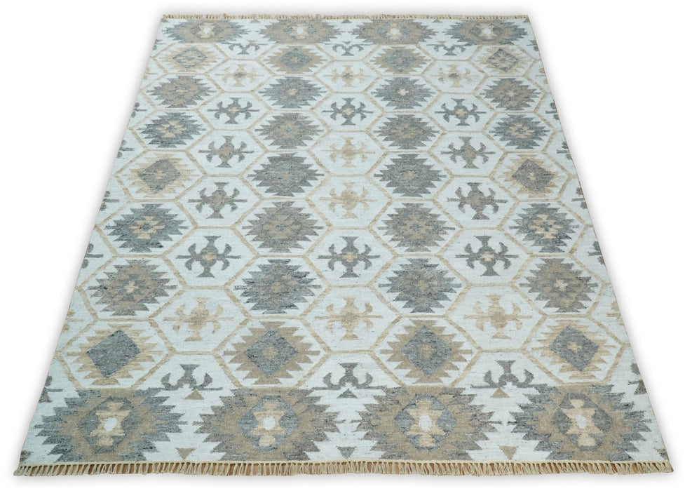 Silver, Brown and Gray Kilim Rug made with Fine wool and Viscose | SE4