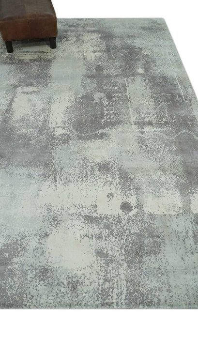 Silver, Charcoal and Ivory Modern Abstract 5x8 Hand loom viscose Area Rug