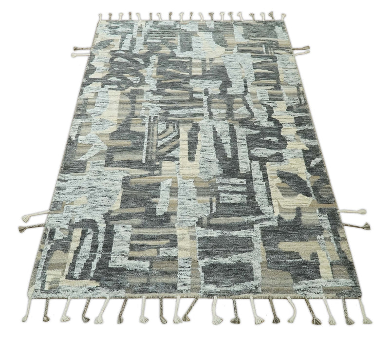 Silver, Charcoal, Beige and Tan Modern abstract Carved Texture 5x8 Hand Knotted Wool Area Rug