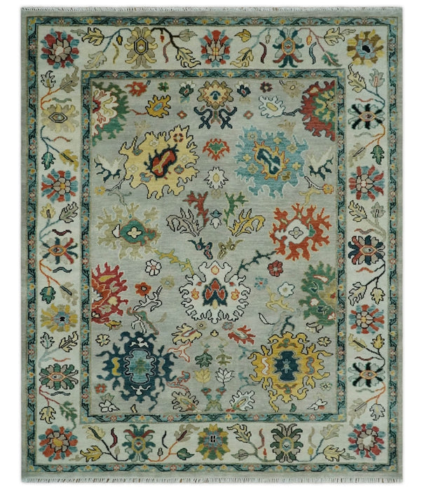 Silver, Ivory and Beige vibrant Colorful Hand knotted Multi Size Traditional Oushak wool Rug