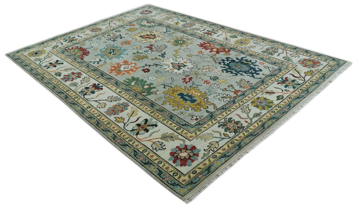 Silver, Ivory and Beige vibrant Colorful Hand knotted Multi Size Traditional Oushak wool Rug