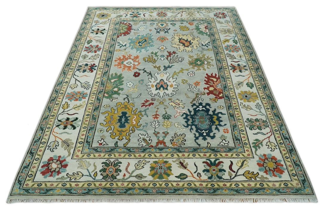Silver, Ivory and Beige vibrant Colorful Hand knotted Multi Size Traditional Oushak wool Rug
