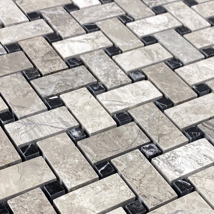 Silver Shadow Marble Basketweave Design on 12" x 12" Mesh Mosaic Tile - Belair Collection