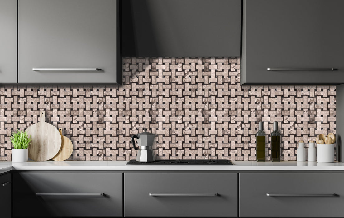 Silver Shadow Marble Basketweave Design on 12" x 12" Mesh Mosaic Tile - Belair Collection