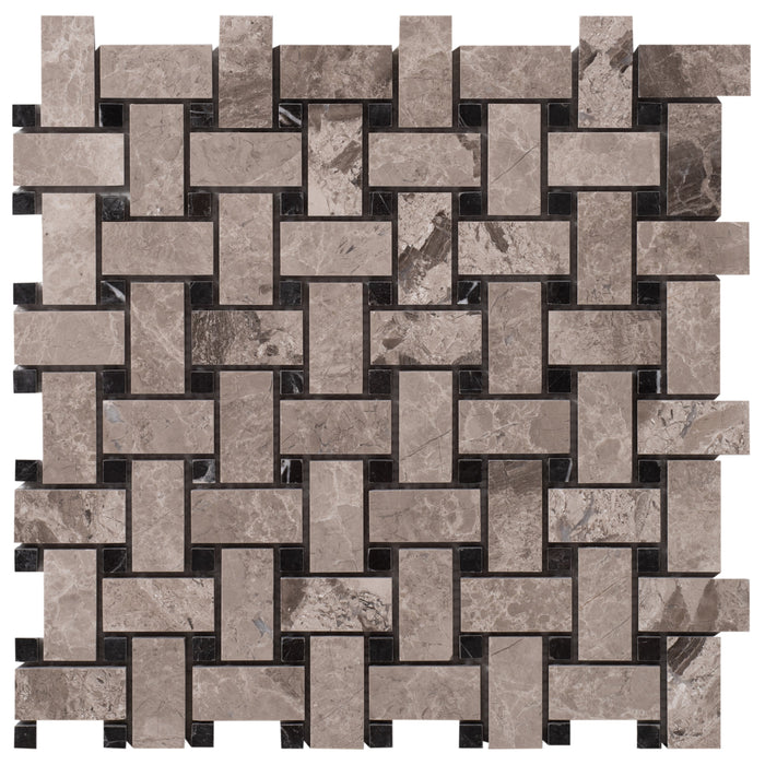 Silver Shadow Marble Basketweave Design on 12" x 12" Mesh Mosaic Tile - Belair Collection