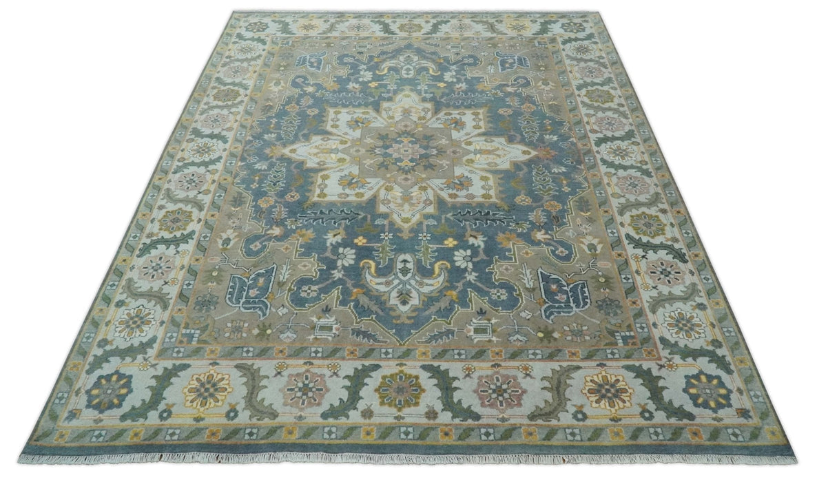 Silver, Teal and Taupe Hand knotted Traditional Heriz Serapi 9x12 Wool Area Rug