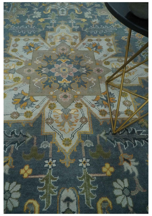 Silver, Teal and Taupe Hand knotted Traditional Heriz Serapi 9x12 Wool Area Rug