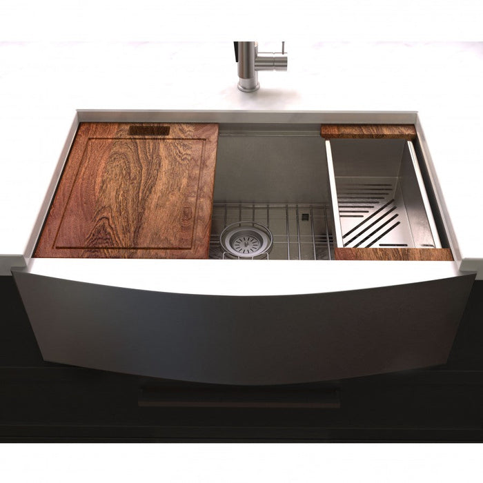 ZLINE 33 in. Moritz Farmhouse Apron Mount Single Bowl DuraSnow® Stainless Steel Kitchen Sink with Bottom Grid and Accessories, SLSAP-33S