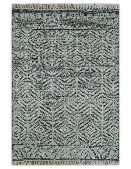 Small 2x3 Hand Knotted Ivory and Charcoal Tribal Design Wool Rug