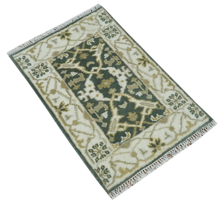 Small Entryway 2x3 Gray, Ivory and Beige Hand Knotted Oriental Oushak  Wool Area Rug
