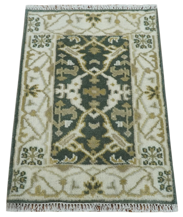 Small Entryway 2x3 Gray, Ivory and Beige Hand Knotted Oriental Oushak  Wool Area Rug