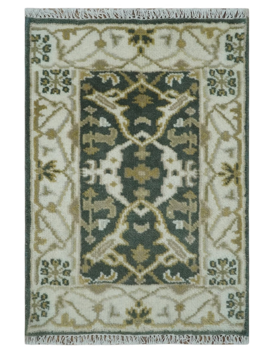 Small Entryway 2x3 Gray, Ivory and Beige Hand Knotted Oriental Oushak  Wool Area Rug