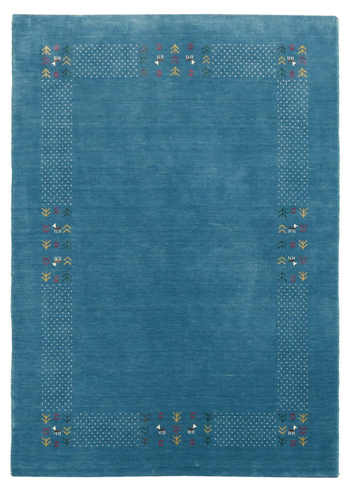 Solid Blue Border Design Hand Loomed Wool Area Rug