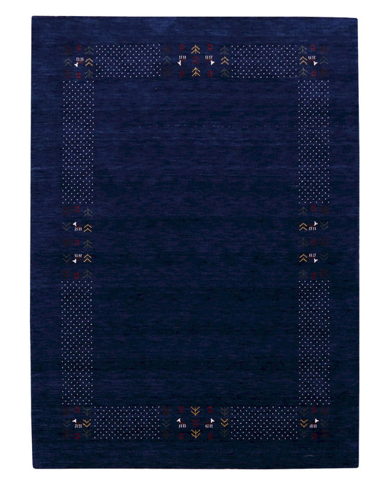 Solid Blue Border Patterns Hand Loomed Wool Area Rug