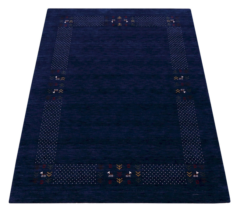 Solid Blue Border Patterns Hand Loomed Wool Area Rug