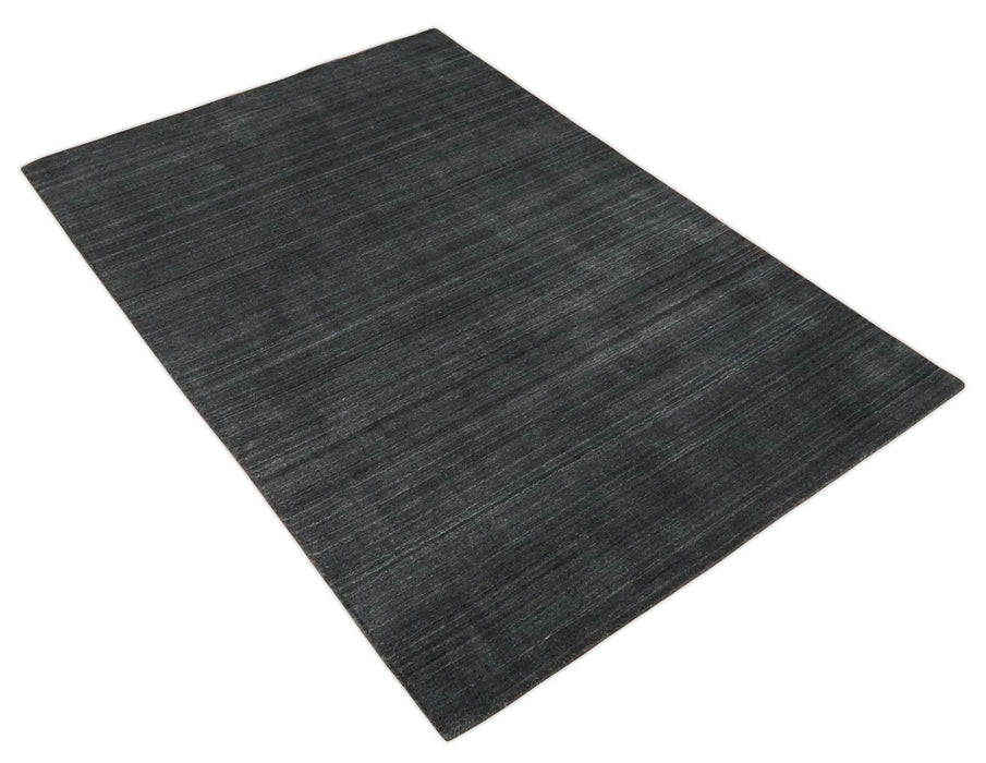 Solid Charcoal Black Scandinavian 5x7 Blended Wool Flatwoven Area Rug | HL13