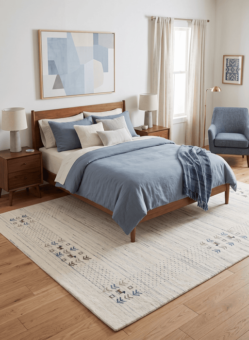 Solid Ivory Border Patterns Hand Loomed Wool Area Rug