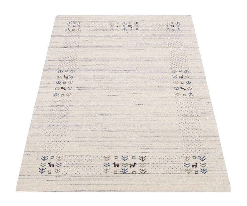 Solid Ivory Border Patterns Hand Loomed Wool Area Rug