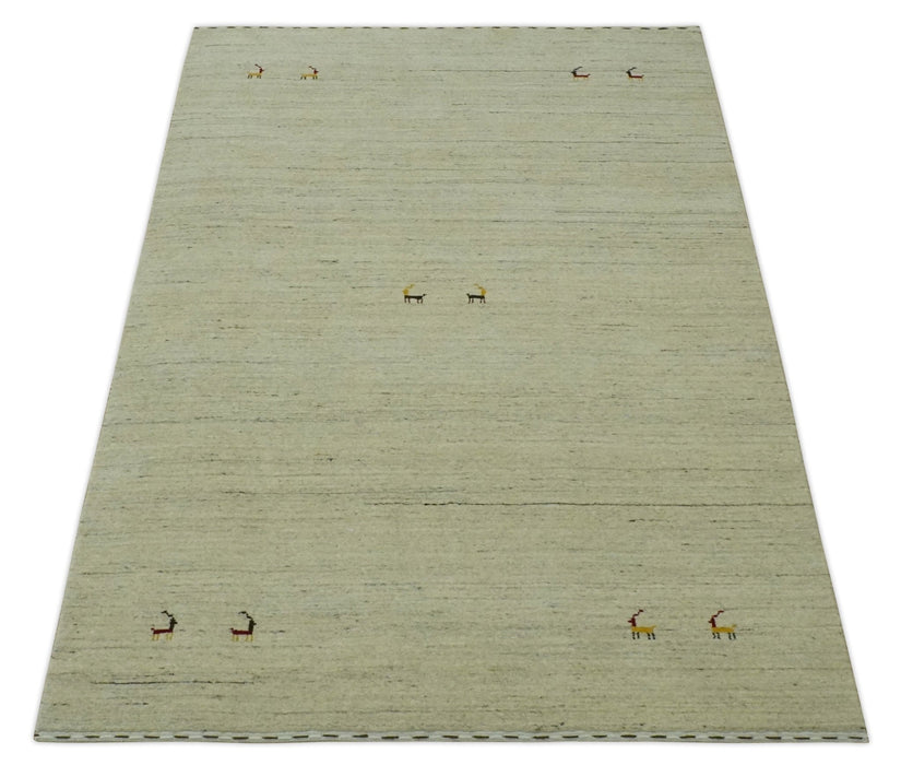 Solid Plain Beige and Charcoal Hand loom 4.6x7 wool area Rug