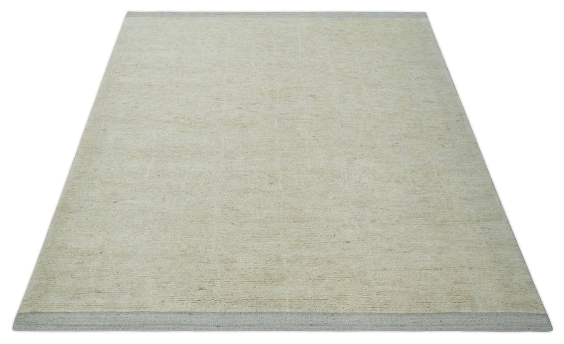 Solid plane Beige Hand Knotted 8.7x9.8 Wool Area Rug