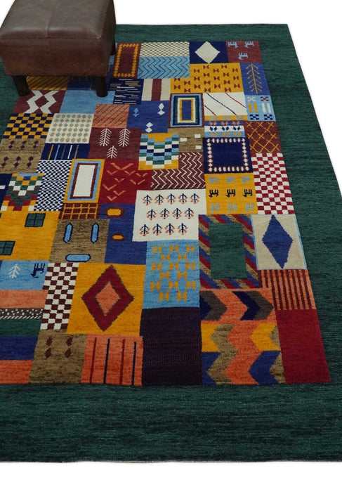 Soumak loop and cut 5x7 Multicolor Shapes Modern Artistic Wool Hand Woven Rug | KNT41