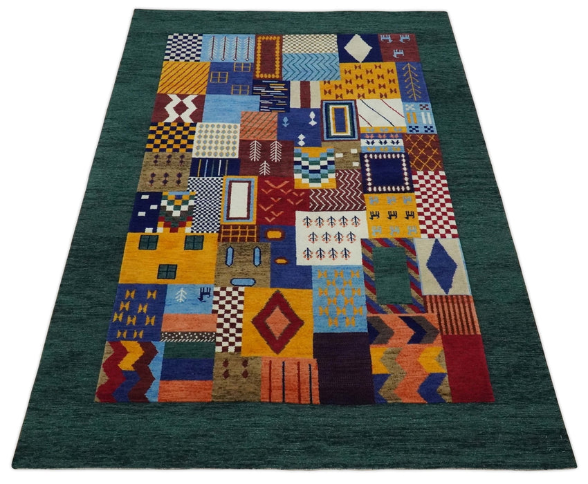 Soumak loop and cut 5x7 Multicolor Shapes Modern Artistic Wool Hand Woven Rug | KNT41