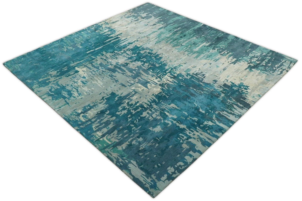 Square 9x9 Green, Silver and Beige Modern Abstract Handmade Wool and Art Silk Area Rug | BAN2
