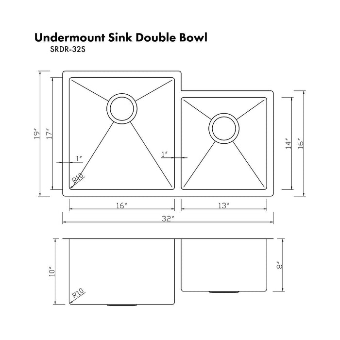 ZLINE 32 in. Jackson Undermount Double Bowl DuraSnow® Stainless Steel Kitchen Sink with Bottom Grid, SRDR-32S