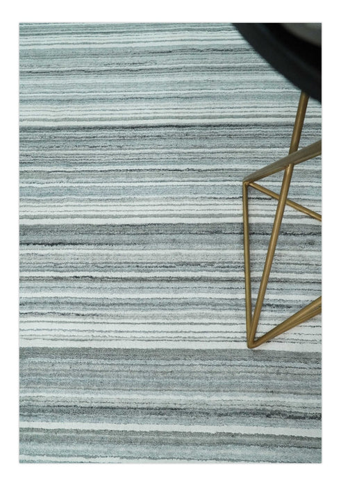 Striped Flatwoven 8x10 White, Silver and Gray Scandinavian Hand Made Blended Wool Area Rug | KE3