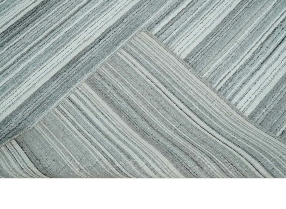 Striped Flatwoven 8x10 White, Silver and Gray Scandinavian Hand Made Blended Wool Area Rug | KE3