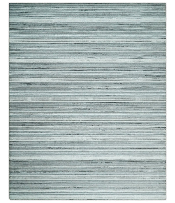 Striped Flatwoven 8x10 White, Silver and Gray Scandinavian Hand Made Blended Wool Area Rug | KE3
