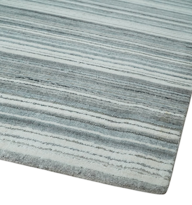 Striped Flatwoven 8x10 White, Silver and Gray Scandinavian Hand Made Blended Wool Area Rug | KE3