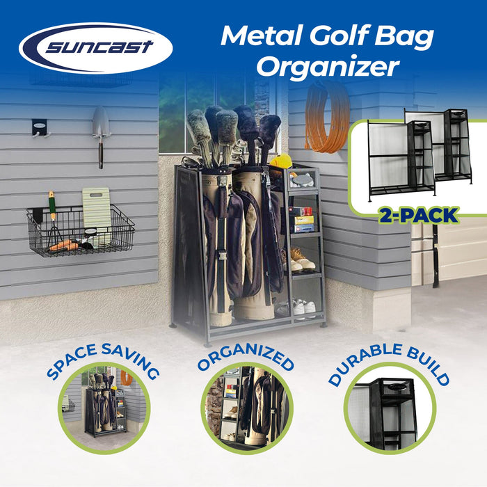 Suncast Metal Complete Golf Bag Organizer for Garage w/ Shelves & Bin (2 Pack)