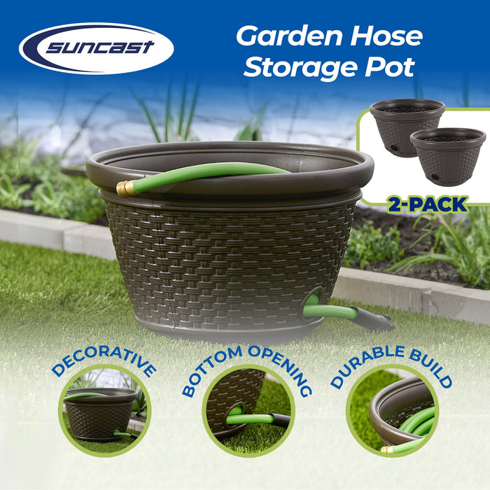 Suncast 100 Foot Resin Wicker Garden Water Hose Storage Holder Pot (2 Pack)