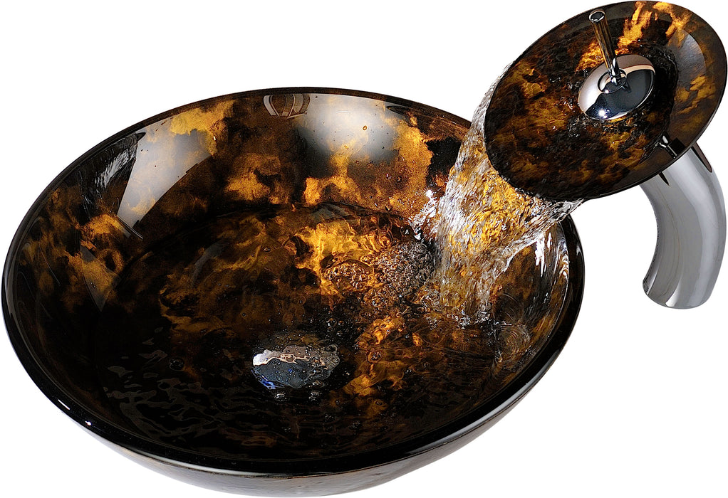 Timbre Series Deco-Glass Vessel Sink in Kindled Amber with Matching Chrome Waterfall Faucet