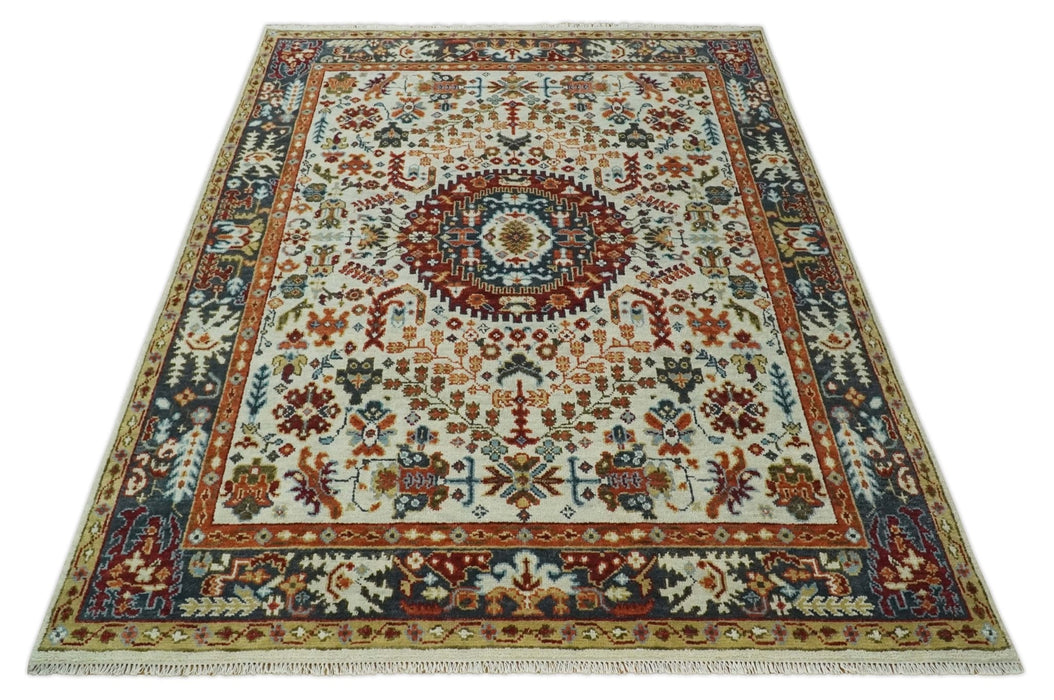 Tabriz Antique Hand Knotted Ivory, Charcoal and Rust Modern Traditional Multi Size Wool Rug