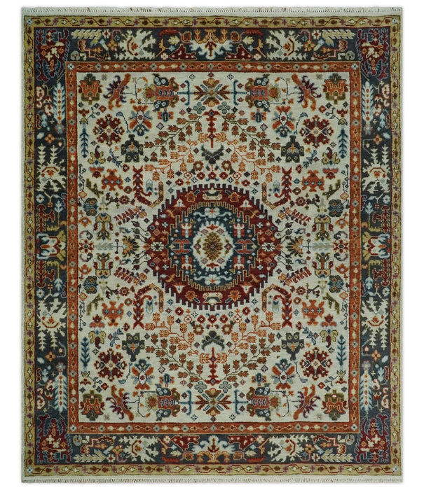 Tabriz Antique Hand Knotted Ivory, Charcoal and Rust Modern Traditional Multi Size Wool Rug