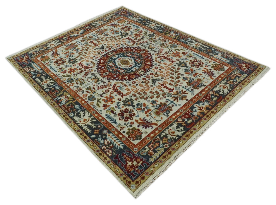 Tabriz Antique Hand Knotted Ivory, Charcoal and Rust Modern Traditional Multi Size Wool Rug