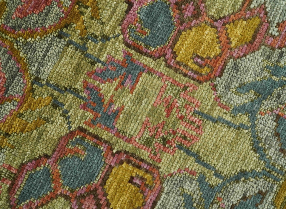 Transitional Green, Pink, Silver and Gold Hand Knotted Custom Made wool area rug